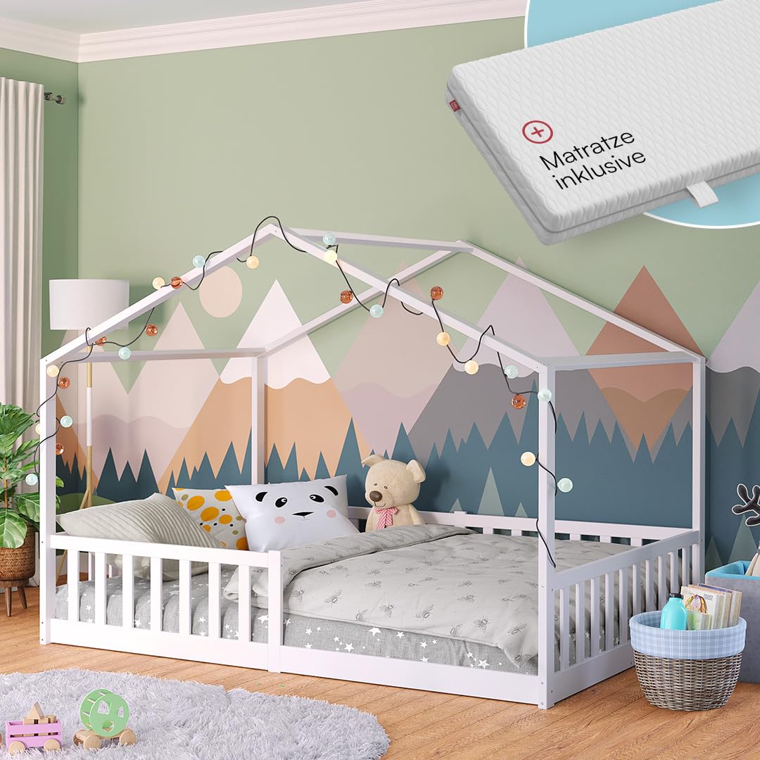 Bellabino Bia Children’s Bed, 90 x 200 cm, Children’s House Bed incl. Fall Protection and Rolled Slatted Frame, Montessori Floor Bed, White, Solid Pine Wood