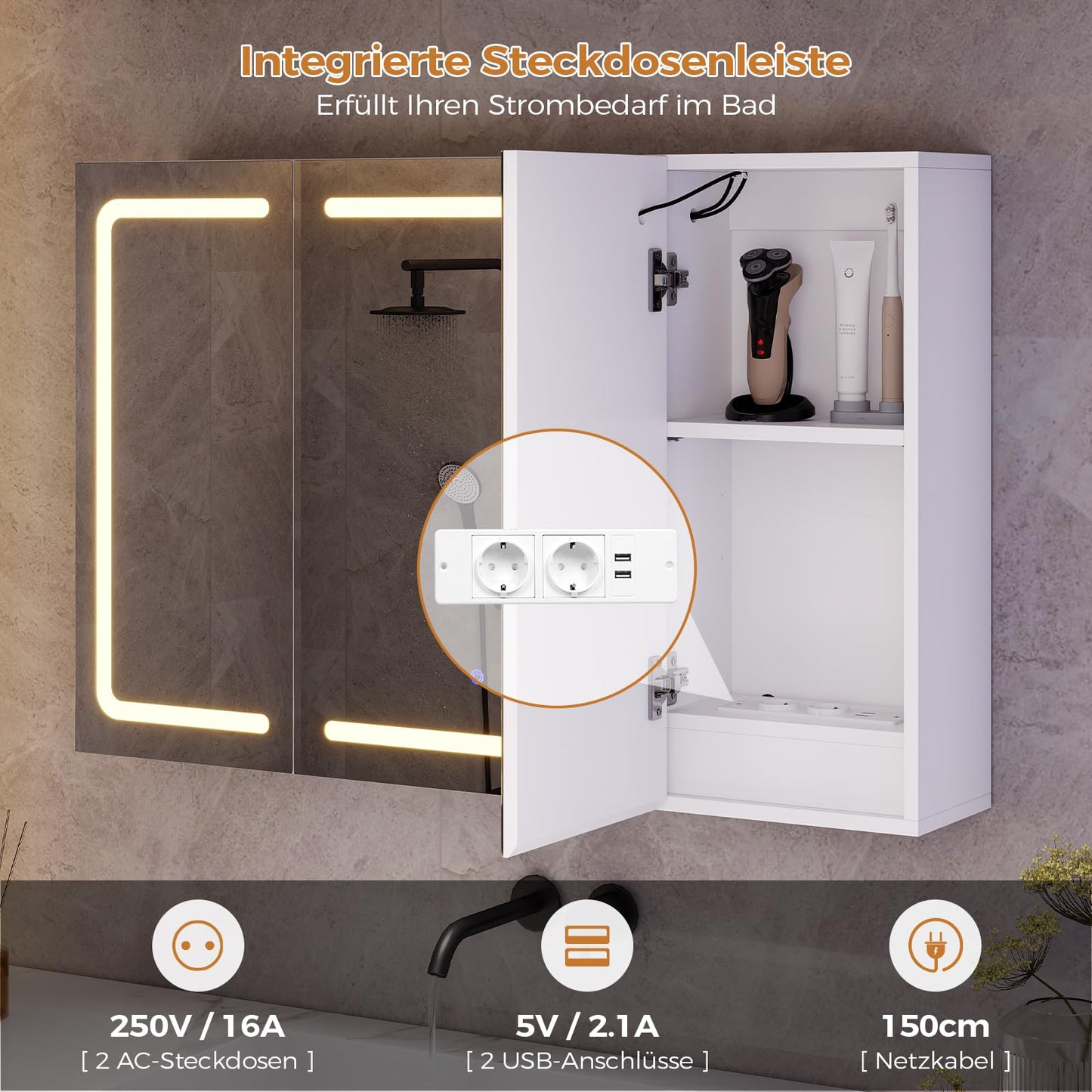 mojiasion Bathroom Mirror Cabinet 100 cm Wide with LED Lighting, Socket & 3 Colour Temperatures Dimmable Bathroom Cabinet with Touch Sensor 60 x 100 x 16 cm (H x W x D) Mirror + 3 Adjustable Shelves