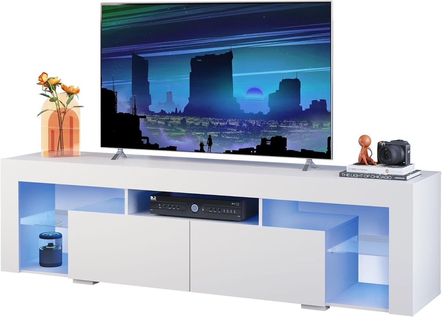 WLIVE 160 cm LED TV Cabinet, TV Cabinet, White TV Stand with LED for 50 55 60 65 70 Inch TV, 20 Colours RGB TV Cabinet for Living Room, Bedroom, Modern Wooden TV Bench with 2 Drawers