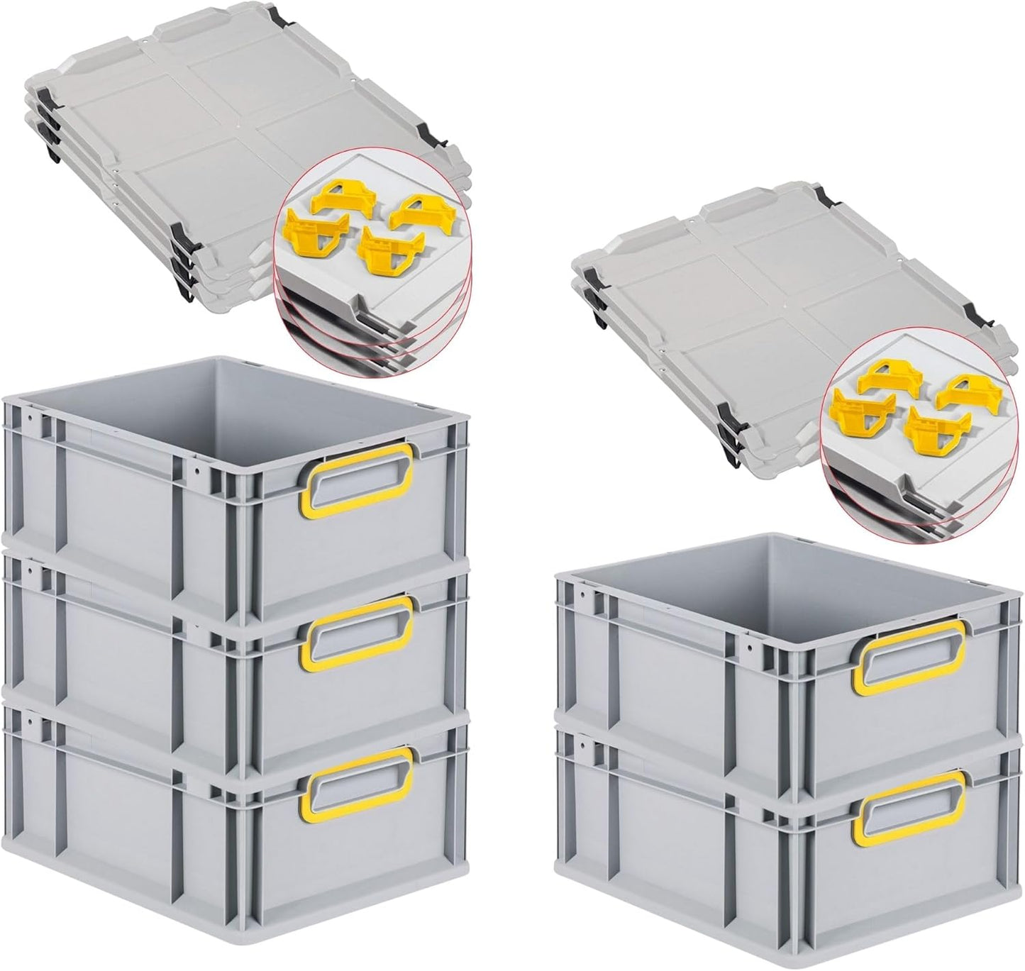 PROREGAL Economy Set of 5 Eurobox NextGen Colour with Lid and Sliding Snap Fasteners, H x W x D 22 x 30 x 40 cm, 20 L, Black, Closed Handles, Euro Container, Transport Box, Transport Container