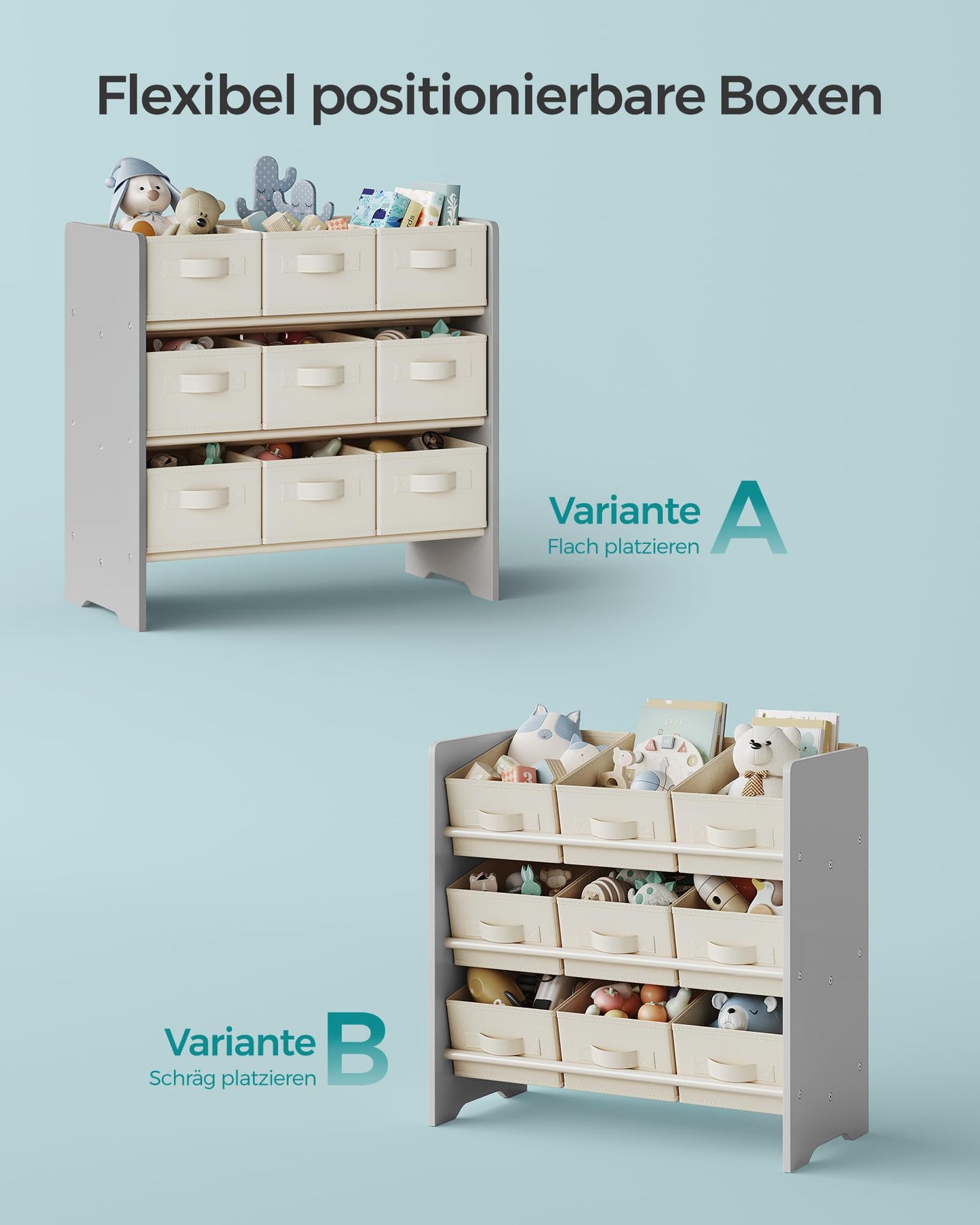 SONGMICS GKR033W10 Children's Shelf, Toy Shelf, Bookcase, with 9 Non-Woven Fabric Storage Boxes, Spacious, 29.5 x 62.5 x 60 cm, Cloud White