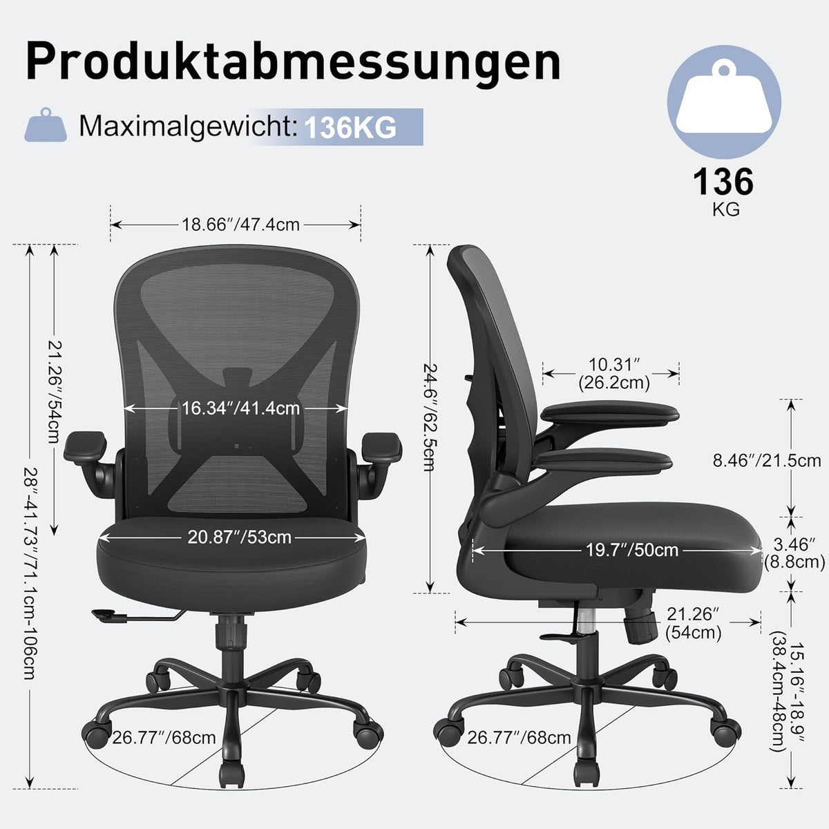 ZZH Ergonomic Desk Chair, Mesh Office Chair with Adjustable Lumbar Support & Folding Armrests, Breathable Computer Chair for Home Office with 360° Rotation & Height Adjustment, Black