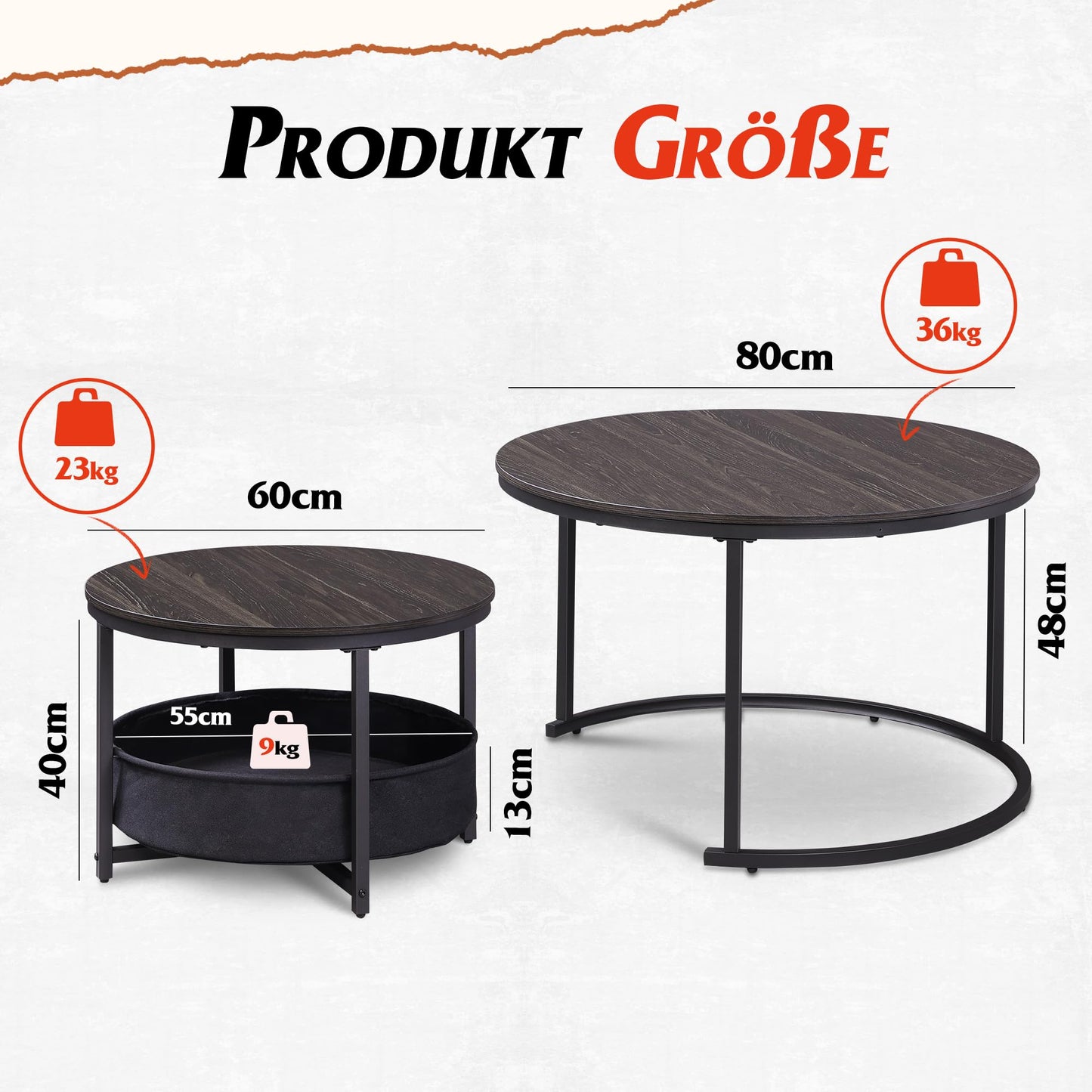 WLIVE Round Coffee Table, Set of 2, Modern Living Room Table, Round, Side Table with Fabric Basket, 80 cm Diameter Couch Table for Bedroom, Home Office (Grey Oak)