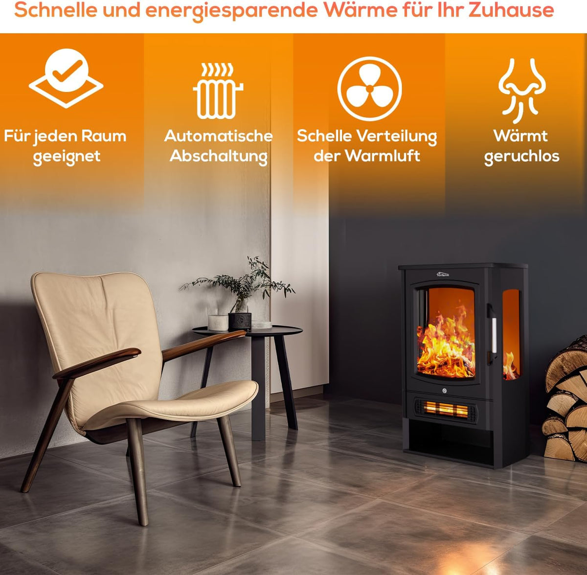 Tronitechnik® Electric Fireplace with LED Flame Effect, 1 kW/2 kW Watt Fireplace, with Thermostat Panoramic Viewing Window, Heating Function, Timer, 2 Heat Settings, with Ventilation