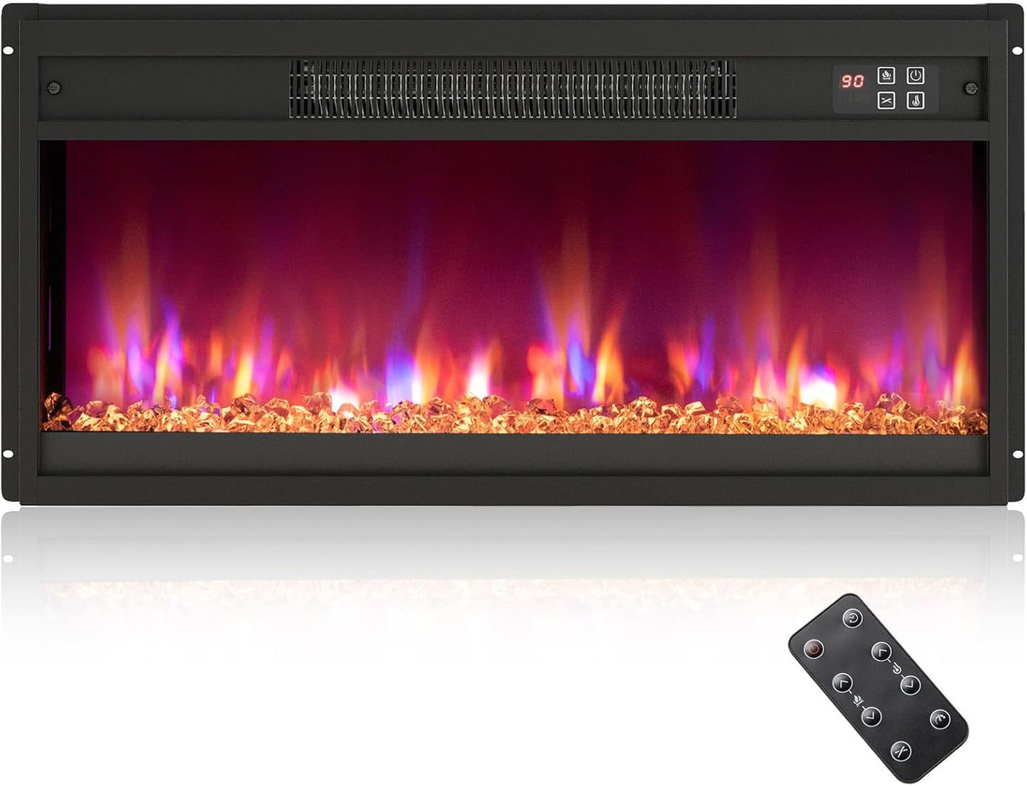 COSTWAY Electric Fireplace with Heating 1500 W, Electric Wall Fireplace with Remote Control, Overheating Protection, 5H Timer, Adjustable 3D Flame Effect and Brightness, 5000BTU Built-in Fireplace
