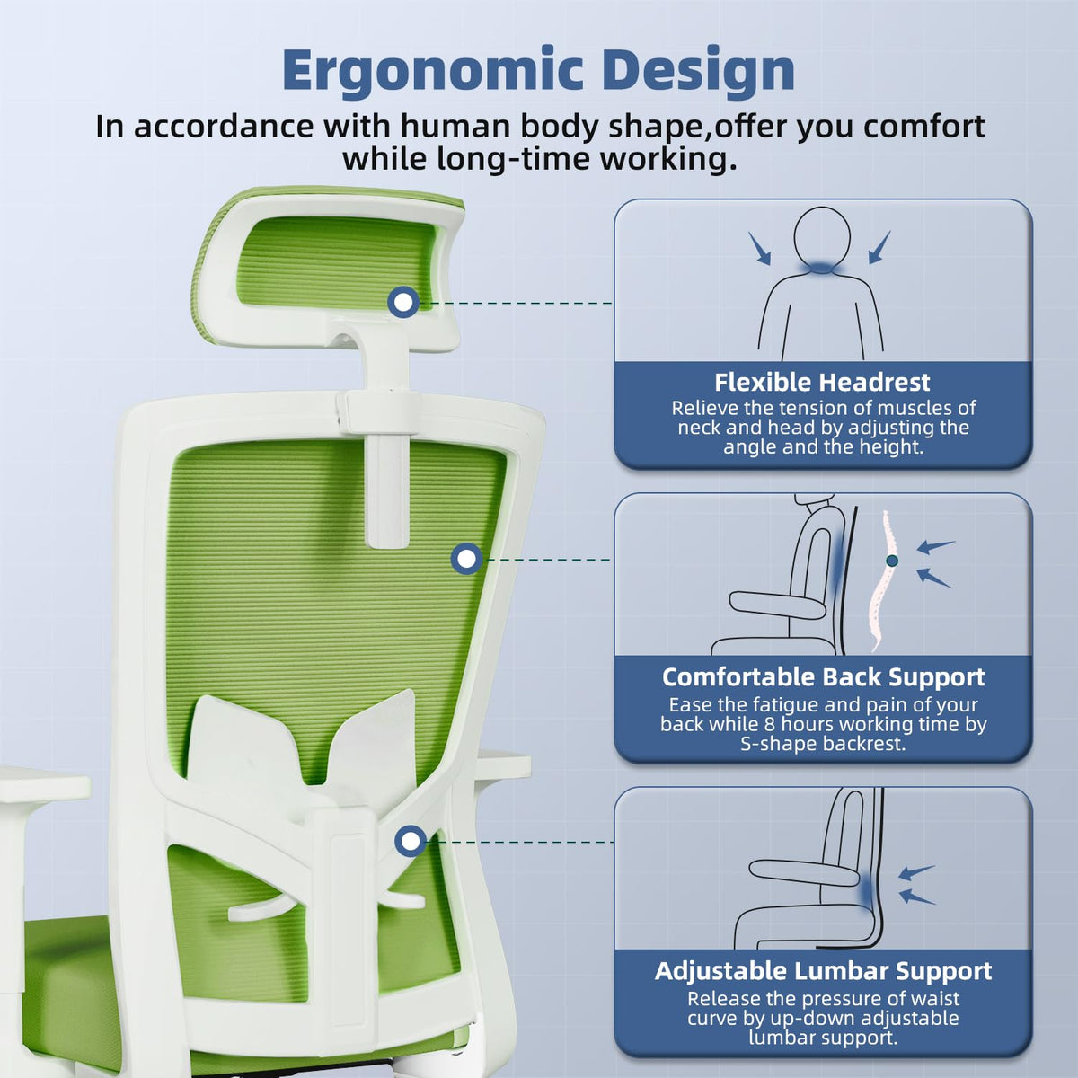 Ergonomic Office Chair with Adjustable Lumbar Support, Armrests and Headrest, Swivel Office Chair 150 kg, Desk Chair, Executive Chair, Rocker Function up to 135°