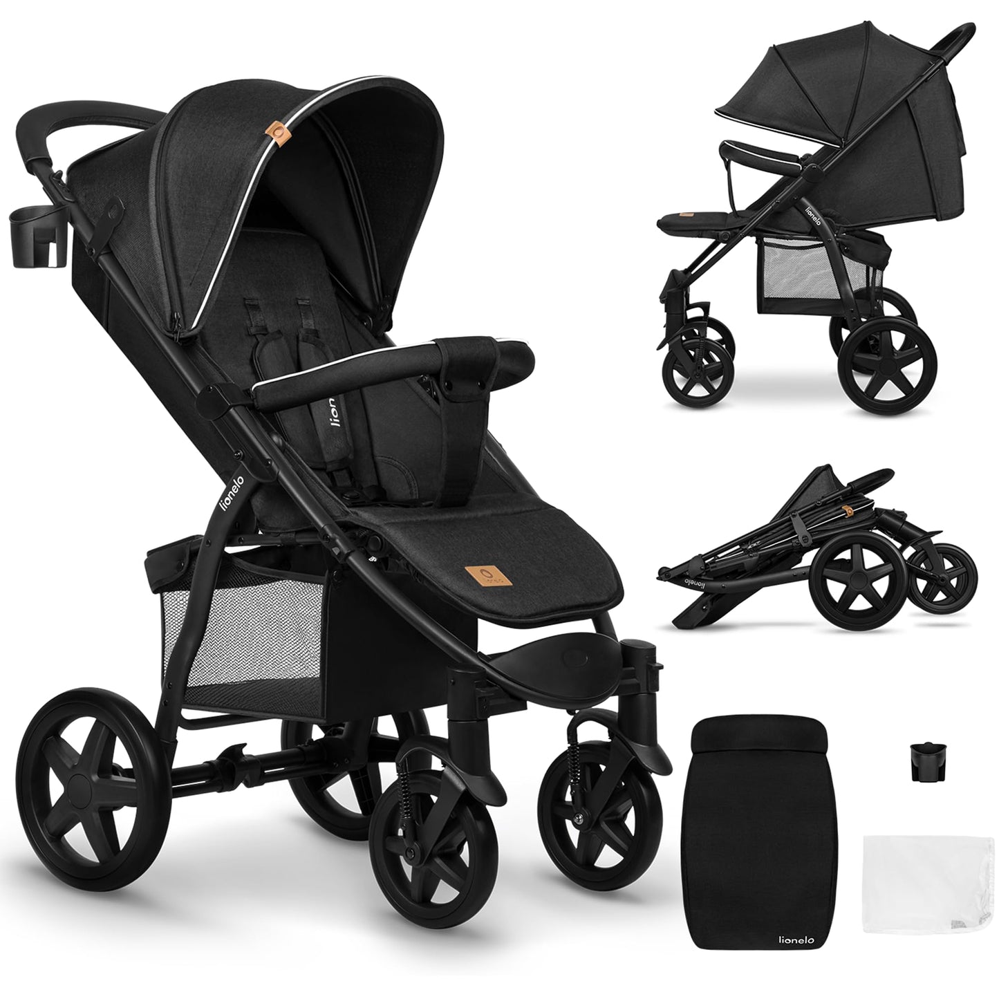 LIONELO Annet Buggy up to 22 kg with Reclining Function, Small Folding Pushchair with Accessories, EVA Foam Wheels, Mosquito Net, Foot Cover Drink Holder, Basket