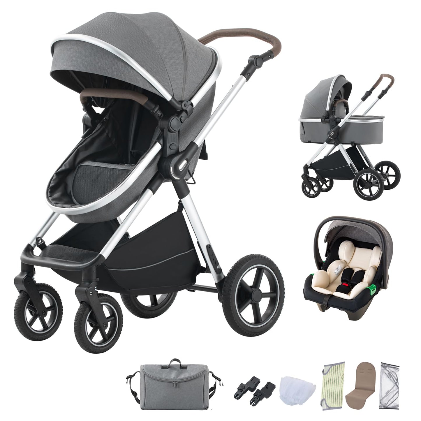 BEBBY 3-in-1 Pushchair Combination Pram Set 2-in-1 Buggy Foldable Luxury High Landscape Newborn Portable Foldable Pushchair Travel System (Black Gold, H2)