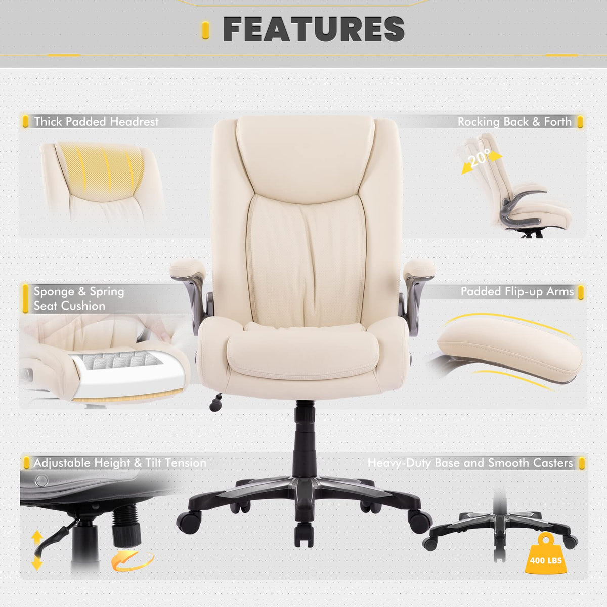 COLAMY XXL Office Chair [181 kgs] - High-Backed Executive Chair with Adjustable Armrests and Synchronous Mechanism - Extra Wide Seat (58 cm), Breathable Faux Leather - for Home Office / Office (Black)
