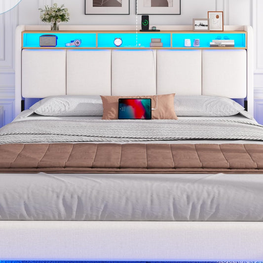 Brinlawb Upholstered Bed 140 x 200 cm Floating Bed with LED Lighting, Headboard and Charging Station (2 AC Sockets, 2 USB Ports), Bed 140 x 200 cm with Storage Space, Modern Double Bed with Slatted