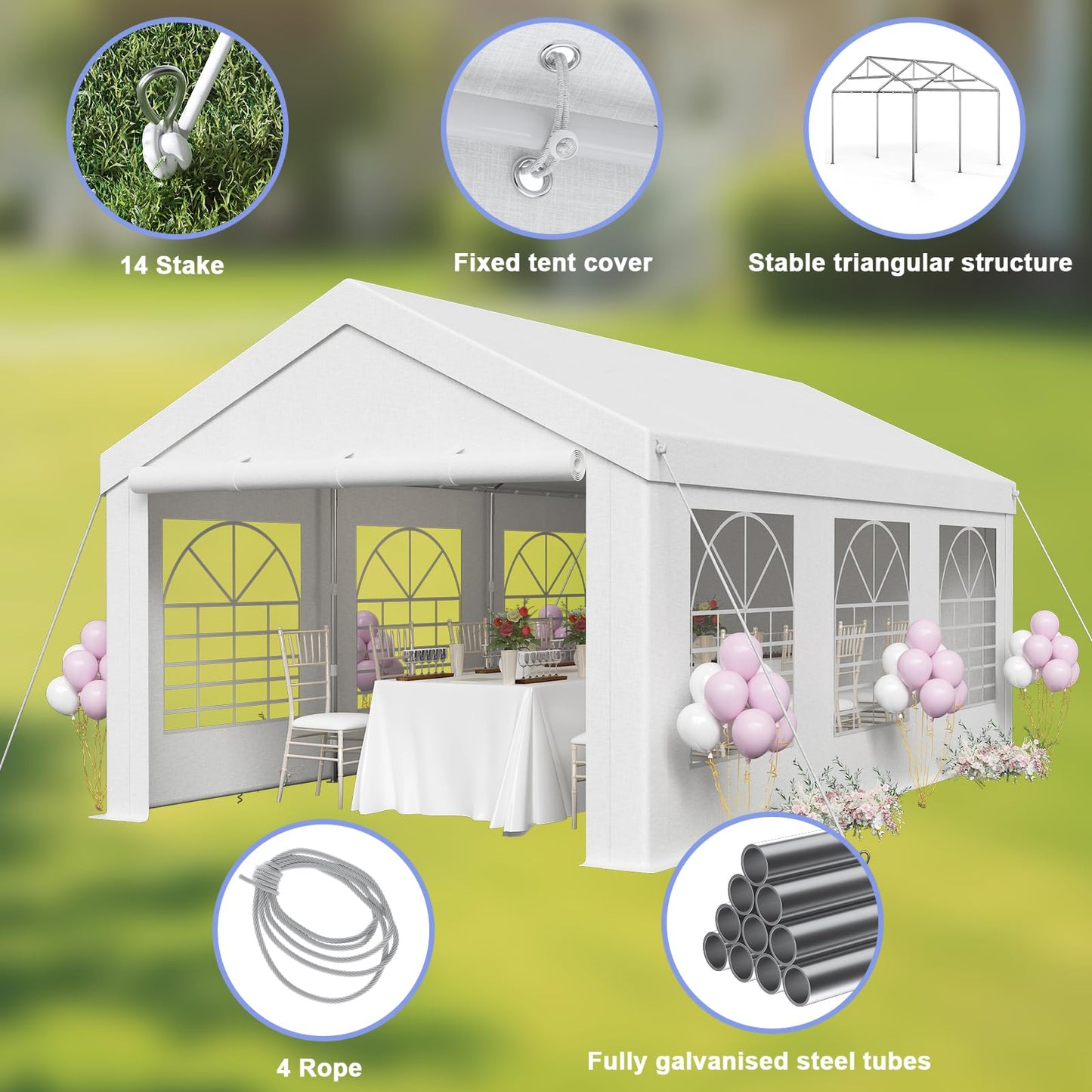JUMMICO Gazebo Party Tent 4 x 6 Waterproof Stable Garden Tent UV Protection 50+ Tent 170 g PE Tarpaulin Marquee Beer Tent Garden Gazebo for Garden, Party, Festival, Wedding, White