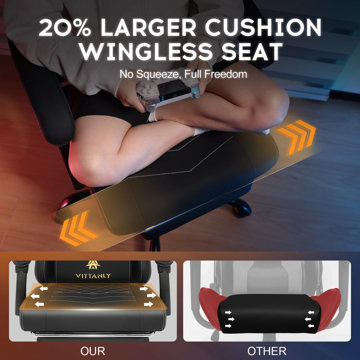 Vittanly Gaming Chair with Spring Cushion, Ergonomic Gaming Chair, Gamer Chair with Headrest, Lumbar Cushion and Footrest, Height-Adjustable Rotating Gaming Chair, Office Chair, 150 kg, Black