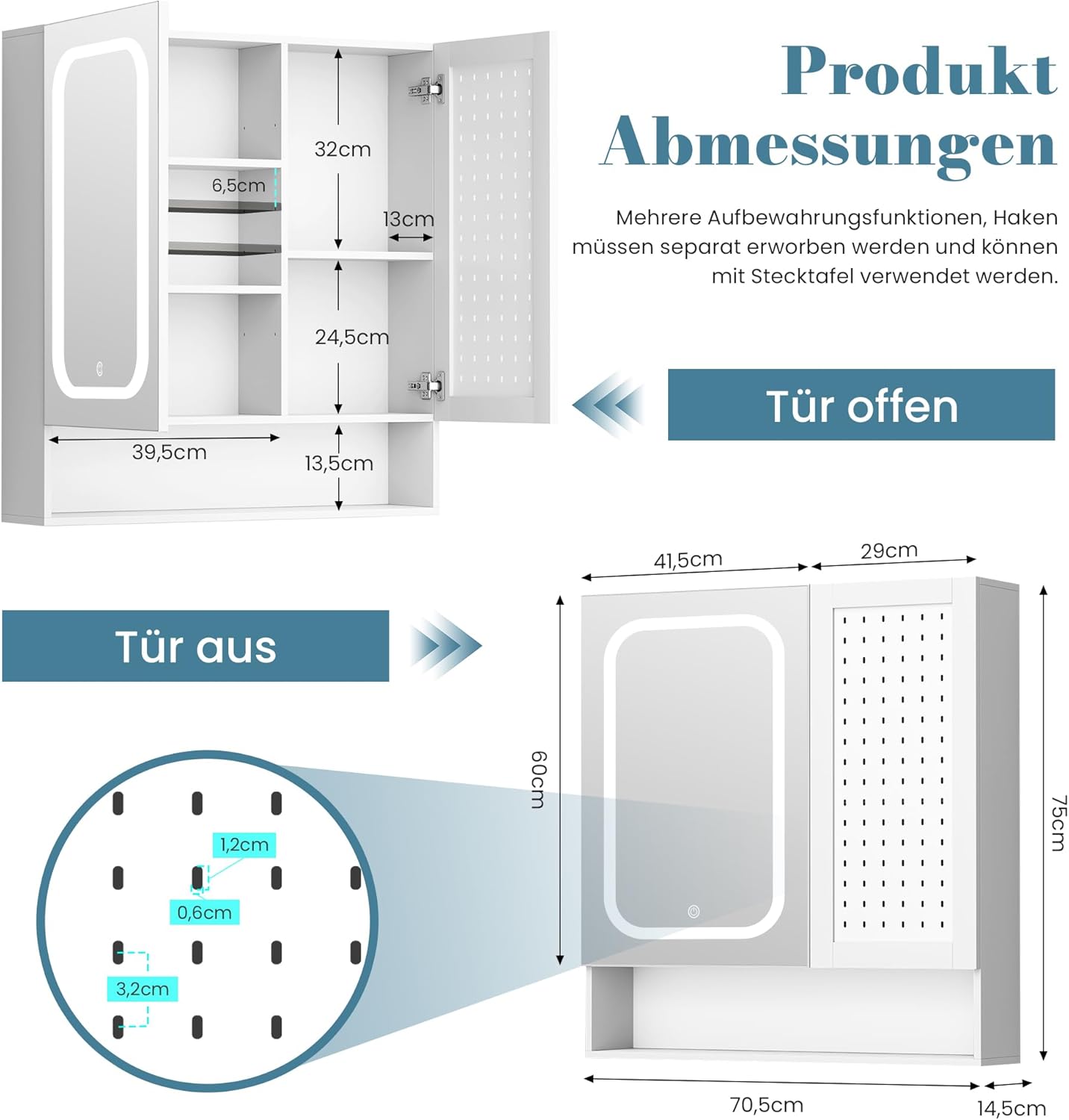 Pamapic Bathroom Mirror Cabinet with Lighting, Bathroom Cabinet with Mirror, Wall Cabinet Bathroom with Pegboard & Adjustable Shelves, Cabinet with Bathroom Mirror, 3 Colours, Dimmable, White