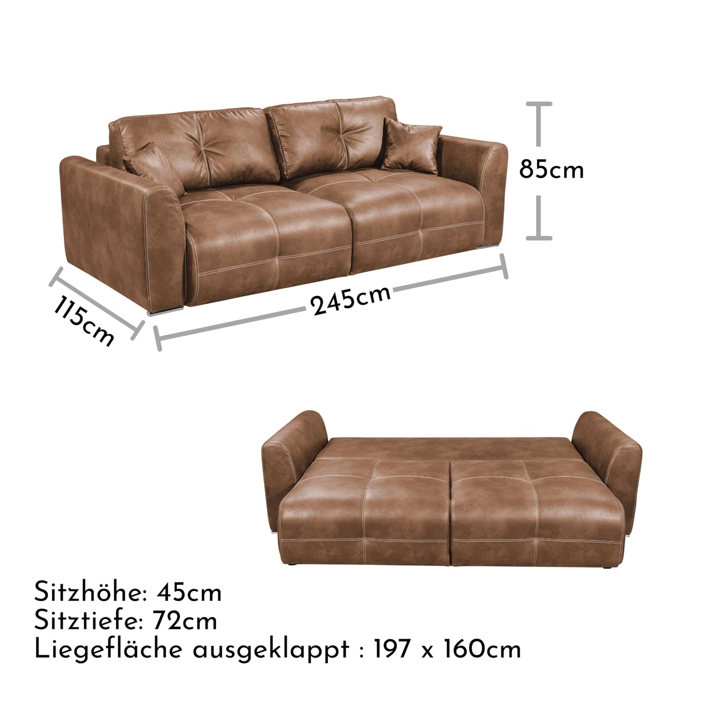 Dolan Comfortable Sofa Bed in Leather Look with Bed Box, Light Brown, Extendable Sofa with Sleep Function, 245 x 85 x 115 cm (W x H x D)