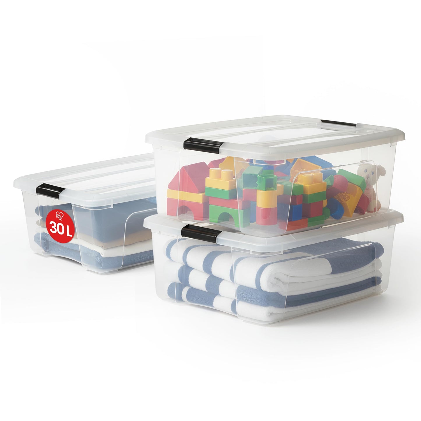 Iris Ohyama Storage Box with Lid, 80L, Set of 4, Transparent, Snap Latches with Handles, Stackable, Strong & Durable, for Clothes, Garage, Home, Office, Plastic Box, Storage TB-84D