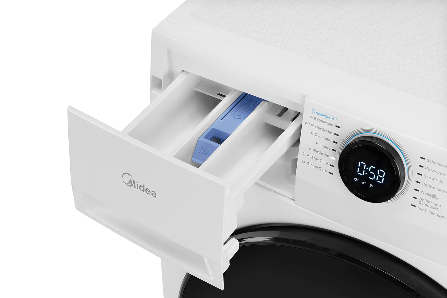 Midea MF200W80WB-14AS Washing Machine, 8 kg, Energy Efficiency Class A, Automatic Volume, Steam Care, Refill Function, 1400 rpm, Time Saving, Turbo, Only 48 cm Deep, App Control, AquaStop, White