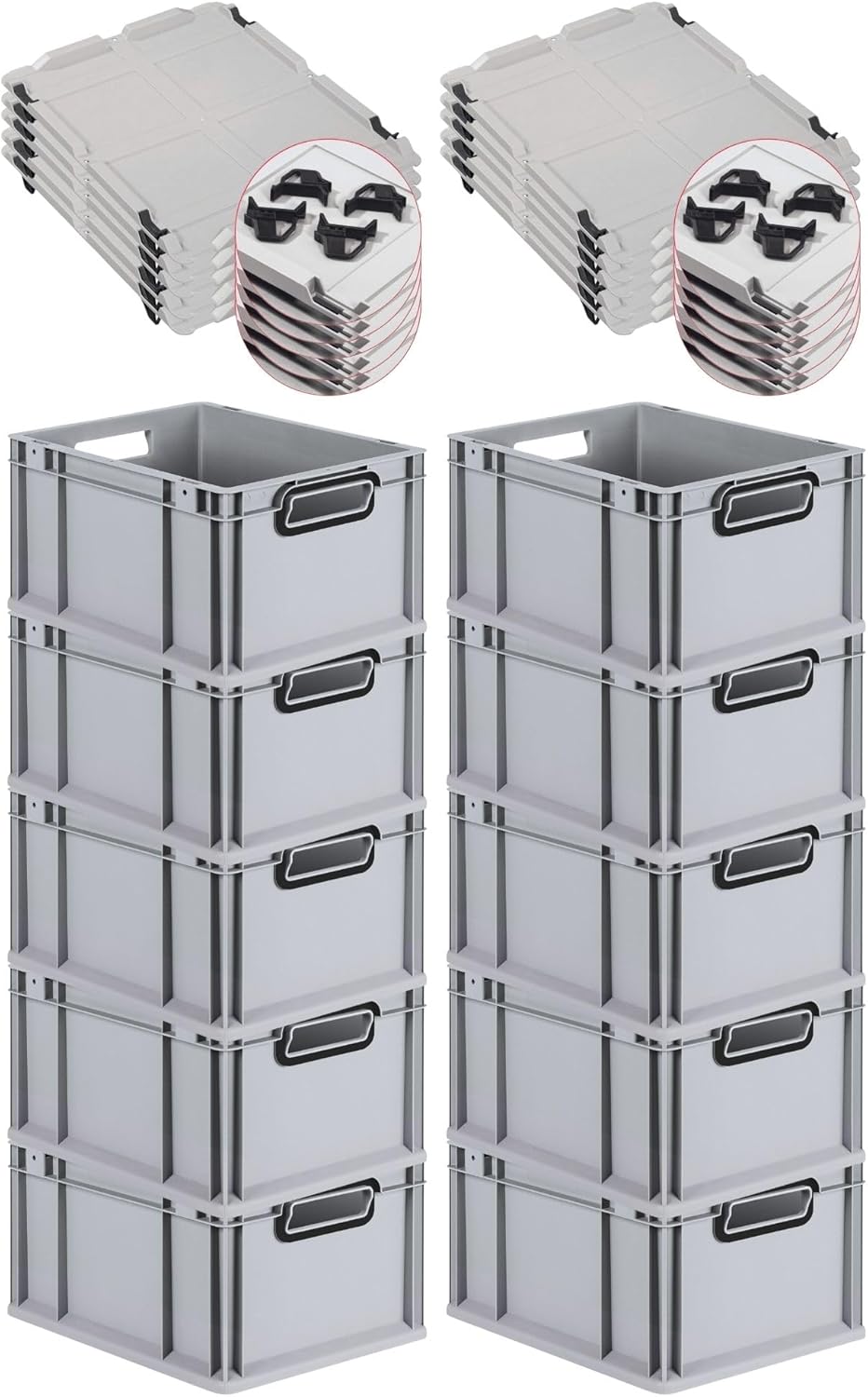 PROREGAL Economy Set of 5 Eurobox NextGen Colour with Lid and Sliding Snap Fasteners, H x W x D 22 x 30 x 40 cm, 20 L, Black, Closed Handles, Euro Container, Transport Box, Transport Container