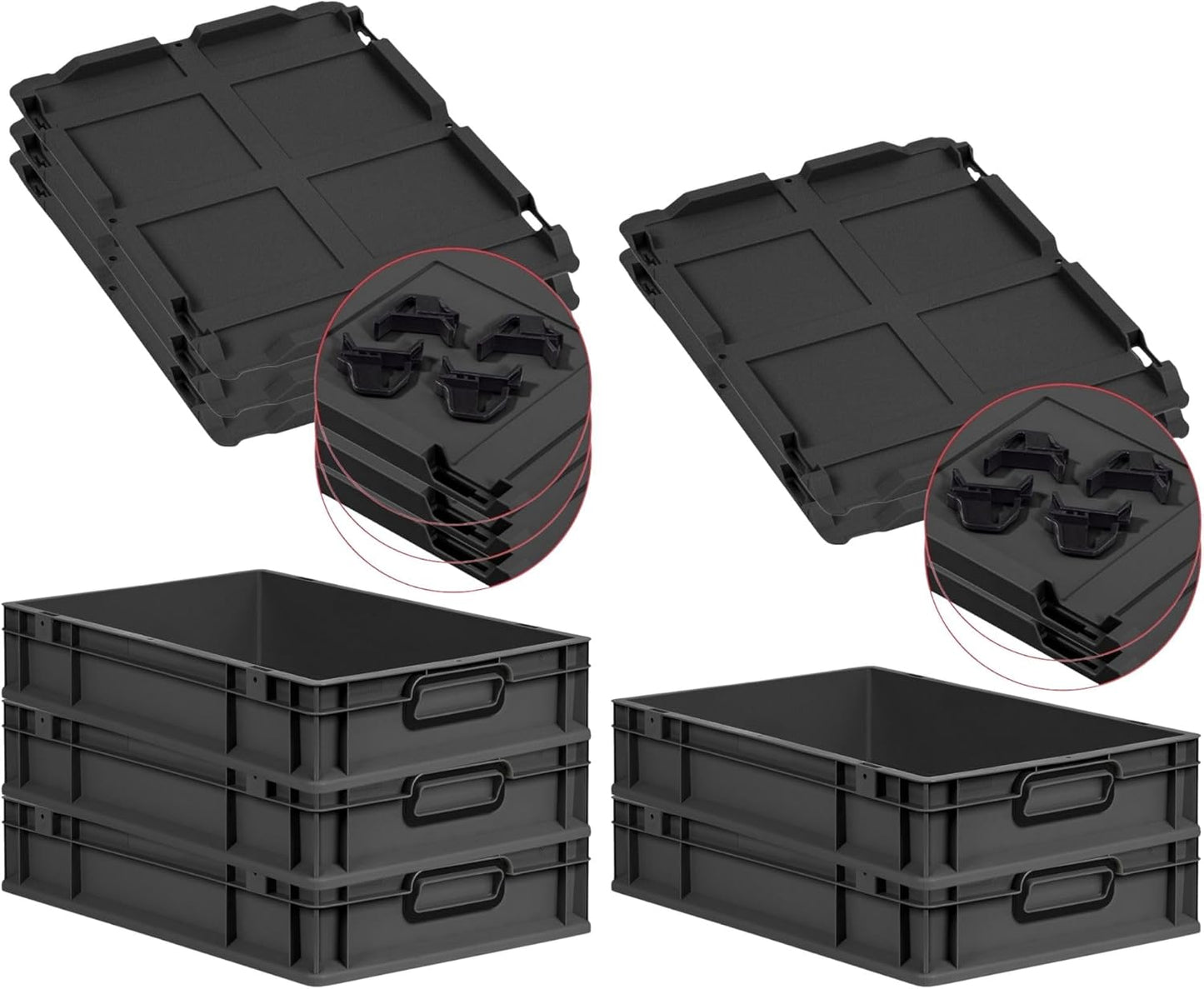 PROREGAL Economy Set of 5 Eurobox NextGen Colour with Lid and Sliding Snap Fasteners, H x W x D 22 x 30 x 40 cm, 20 L, Black, Closed Handles, Euro Container, Transport Box, Transport Container