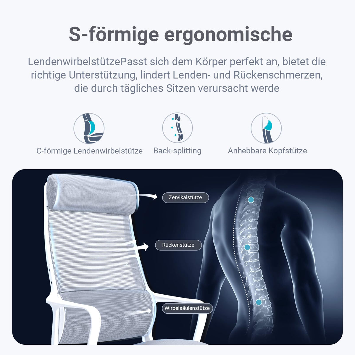Ergonomic Office Chair with Height Adjustable Headrest, High Back, Lumbar Support, Silent Casters, Heavy Duty Chair for Conference Workspace Area, EN1335 Standard (Grey)