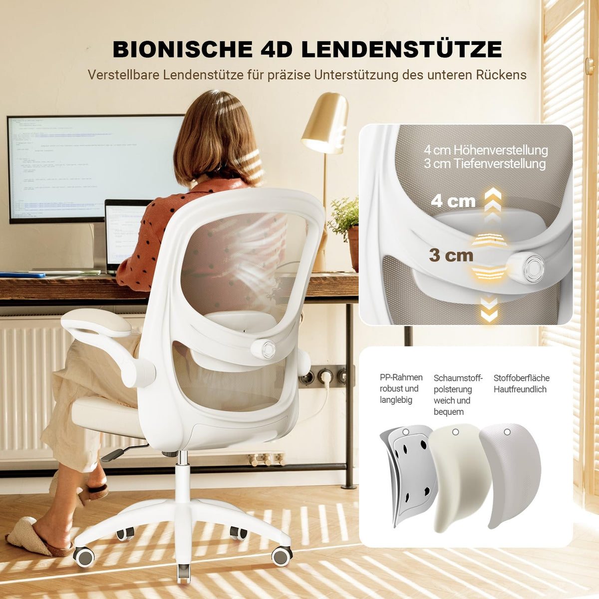 MELOKEA Desk Chair, Bionic 4D Lumbar Support, Office Chair Ergonomic with 100° Folding Armrest, Office Chair Height Adjustable, Mesh Computer Chair, Meets EN12520 Standards, Grey Beige