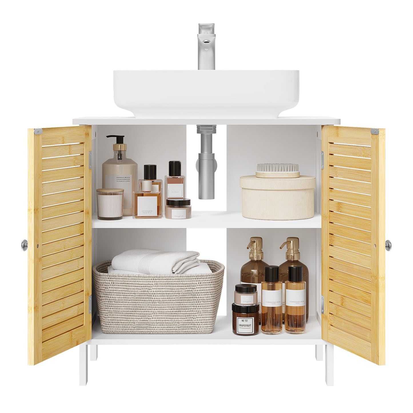 EUGAD Under Basin Vanity Unit Bathroom Cupboard with 2 Doors 60 x 30 x 60 cm, Bamboo