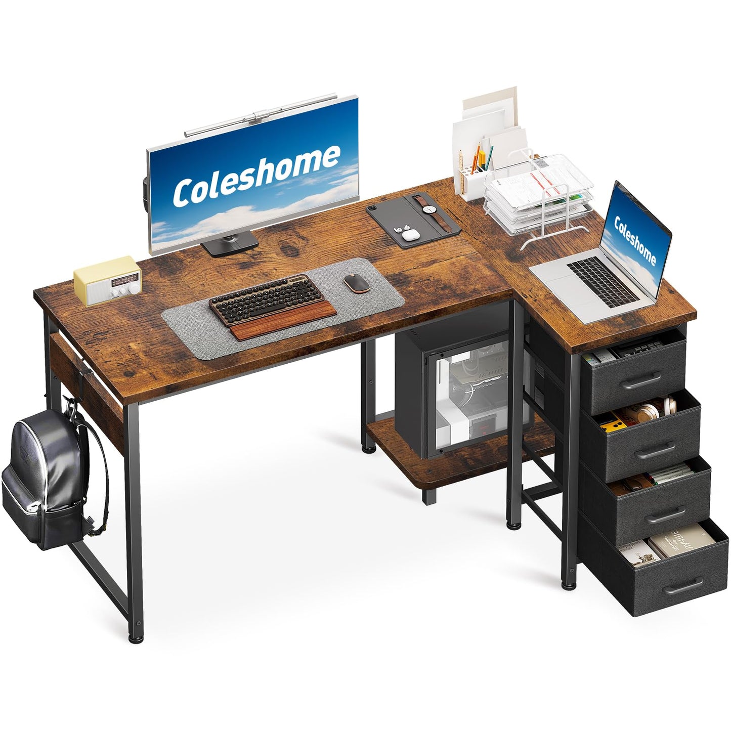 Coleshome Corner Desk, 100 x 70 cm, L Shape Desk with 4 Drawers, Reversible Computer Desk for Office, Study, Bedroom, White