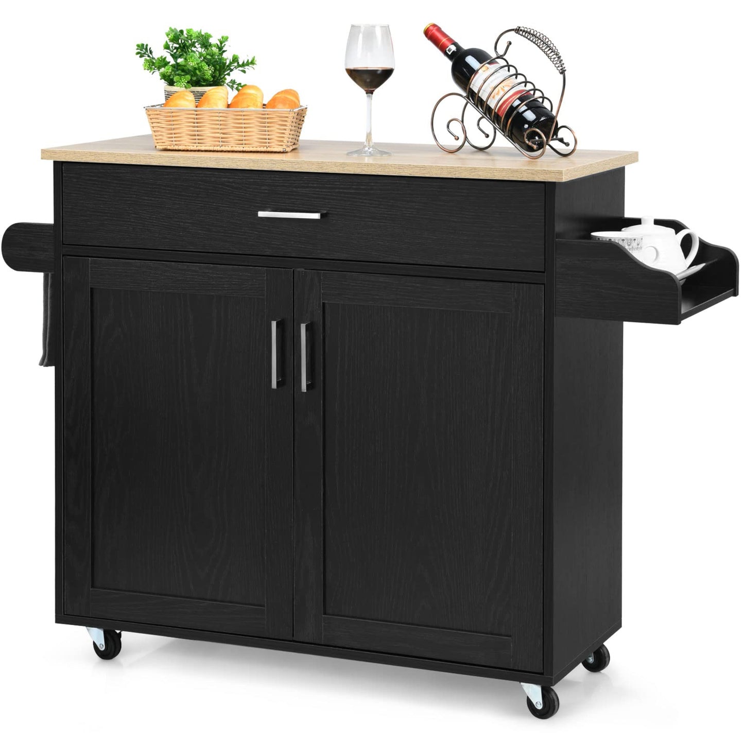 COSTWAY Kitchen trolley with towel holder and spice board, kitchen island with drawer and height-adjustable shelf, kitchen cabinet rollable, wooden serving trolley, kitchen island trolley (black)