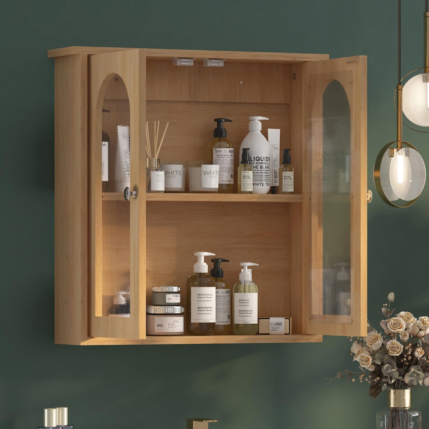 Bathroom Mirror Cabinet with 2 Doors, Wall Cabinet for Over the Toilet, Surface-Mounted Kitchen Wall Cabinet, Wall Cabinet with Shelves, Multifunctional Bathroom Cabinet, Natural