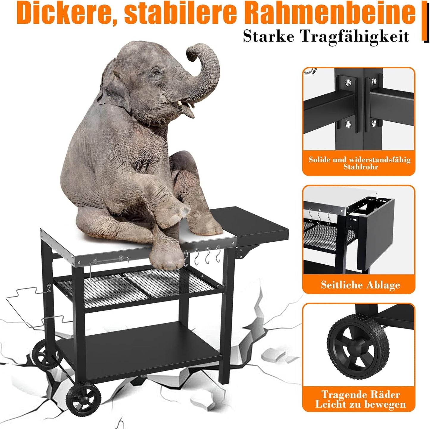 Denmay Stainless Steel Grill Table Grill Trolley 116 x 54 cm with 3 Levels, Pizza Oven Stand, Grill Table for Outdoor Use, Work Trolley with 4 Hooks, Outdoor Serving Trolley Side Table, Kitchen