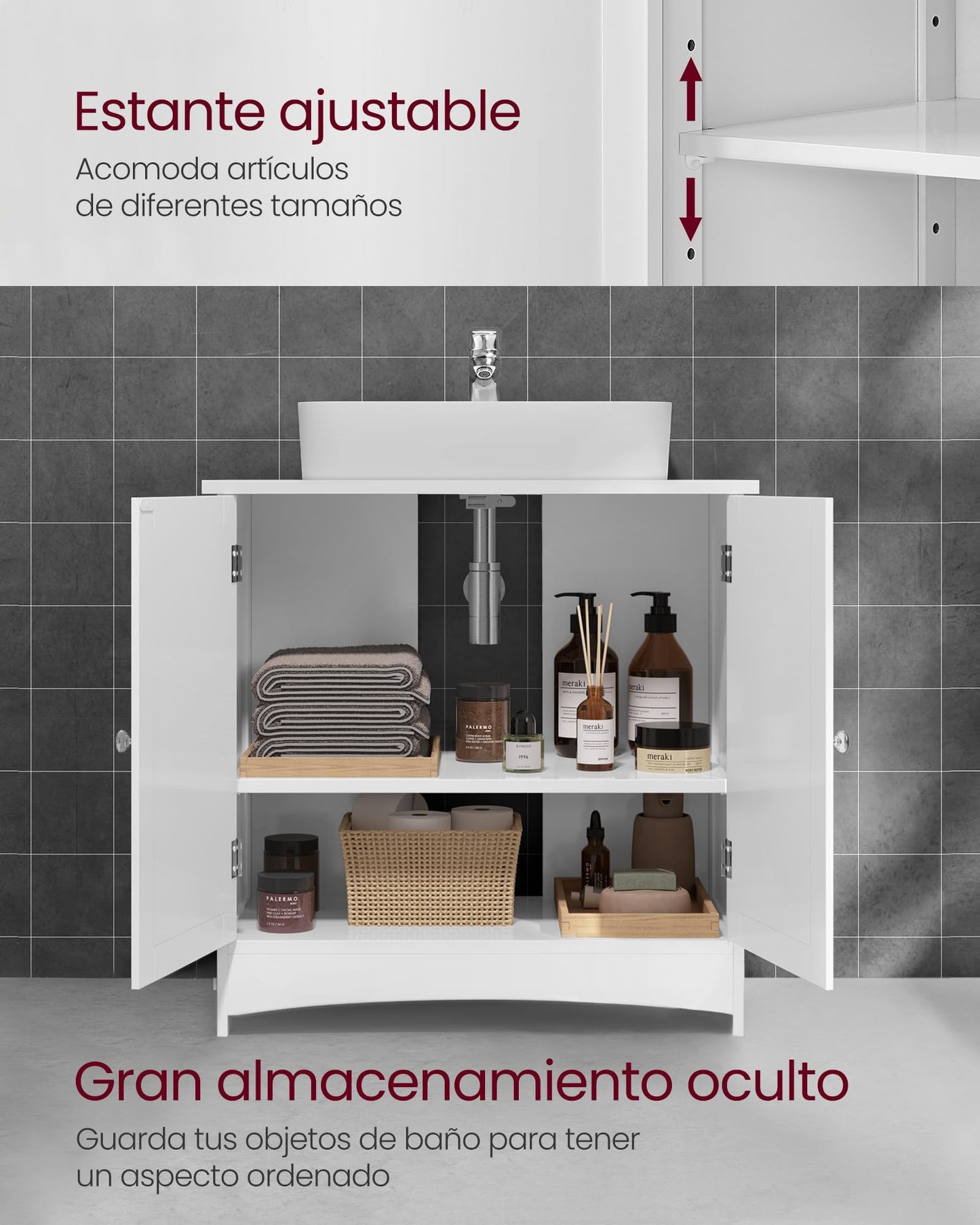 VASAGLE BBC410P31 Vanity Unit Extra Long 30 x 90 x 60 cm 2 Doors Bathroom Cabinet Open Compartments Height Adjustable Shelves White