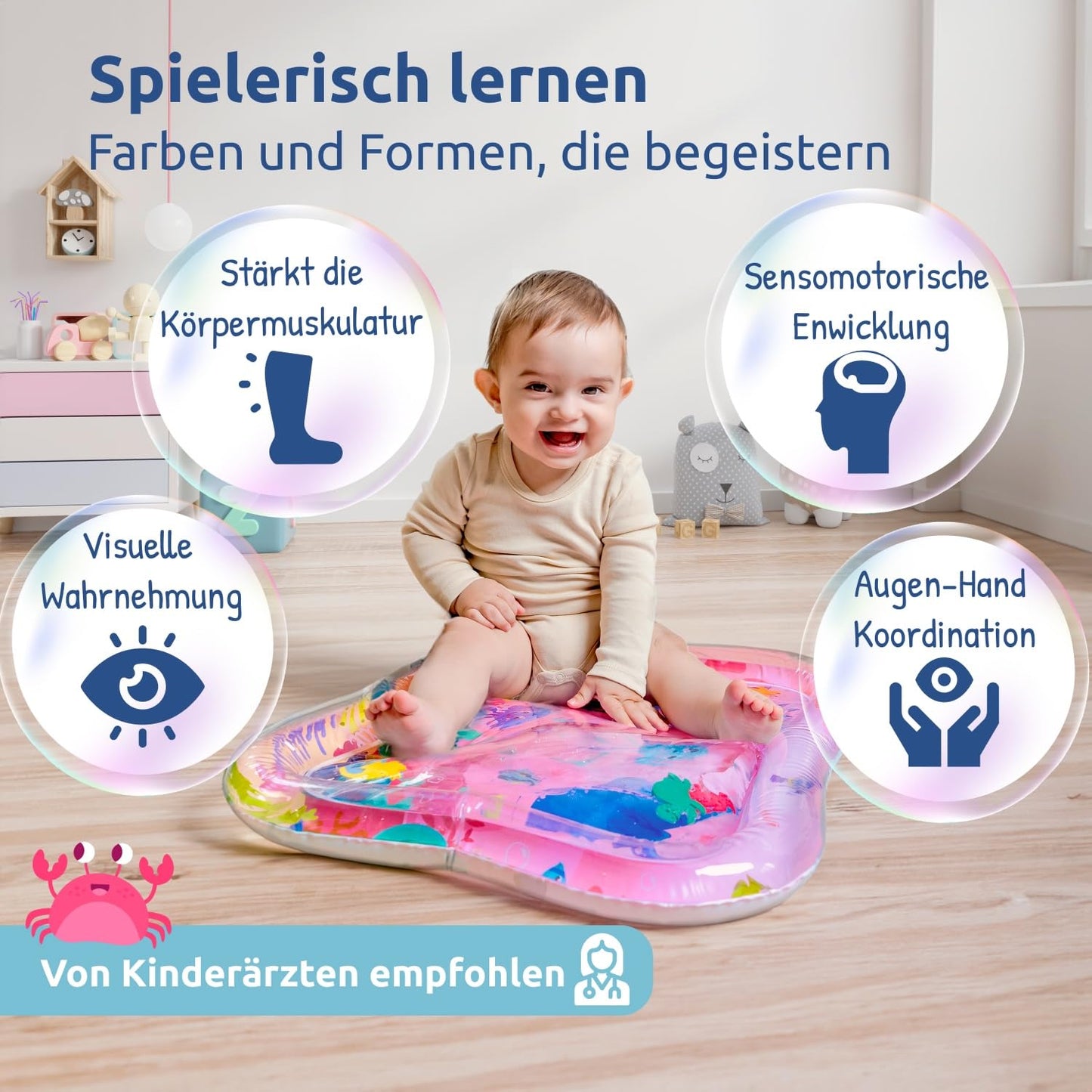 Mallie® Wassermatte Baby 66x50 CM [100% BPA & Schadstoff-Frei] ab 3, 6 und 9 Monate im Ozean Blau Design I Baby Spielzeug, Spielzeug Ab 6 Monate als Wassermatte Baby und Baby Spielzeug 6 Monate