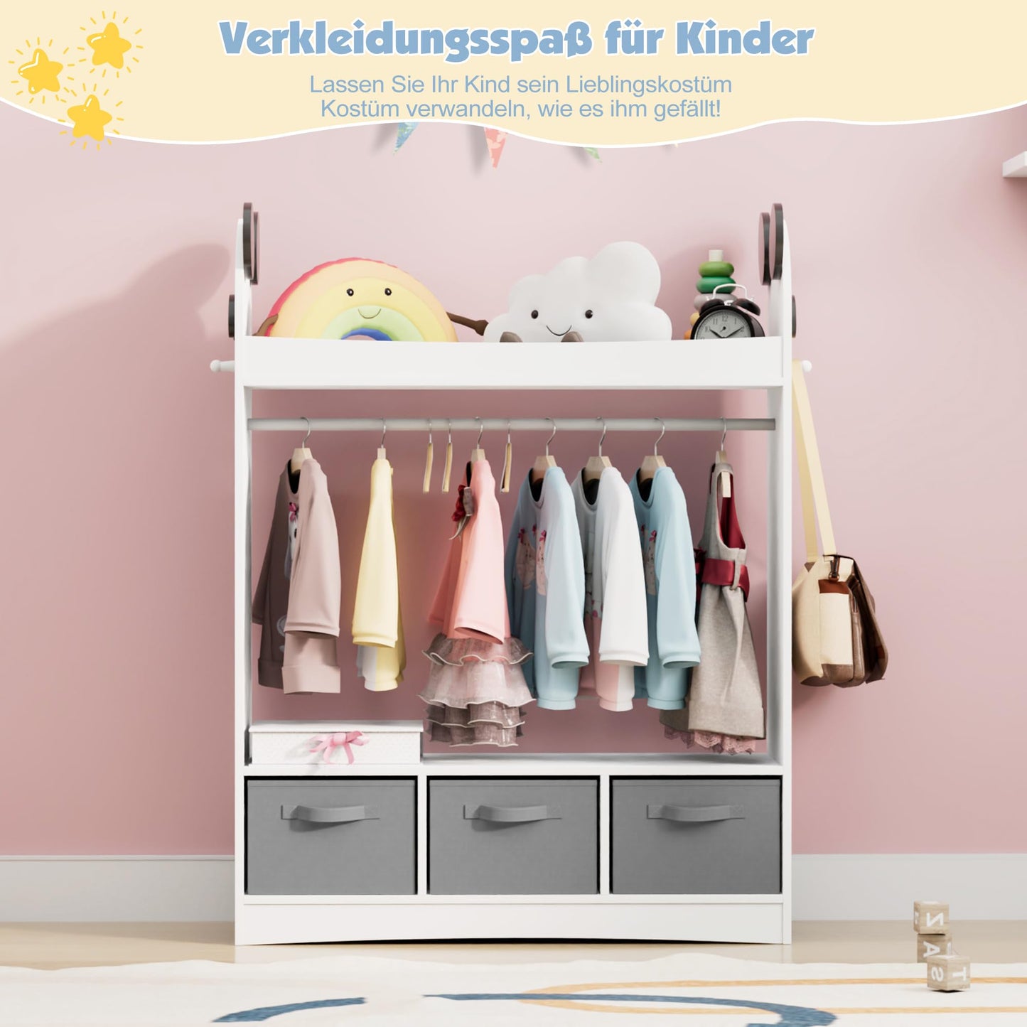 Children's Clothes Rack with Mirror, Clothes Rail with Shelves, Children's Wardrobe Wood, Children's Shelf for Children's Room, 81 x 28 x 106.5 cm (Clouds with 2 Drawers, White)