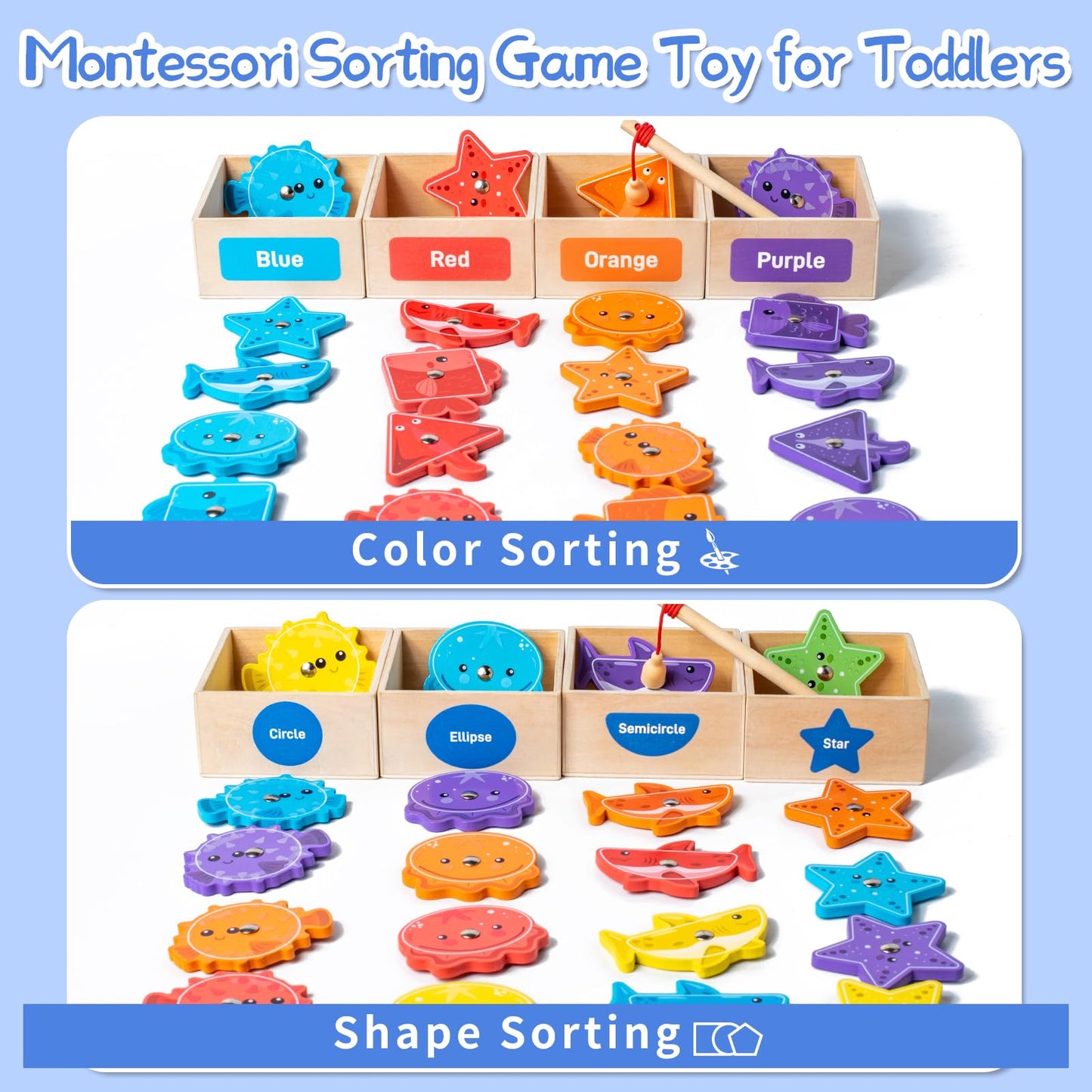 Smartwo Montessori Toy from 2 Years, Magnetic Fishing Game 2-3 Years, Colour & Shape Sorting Games, Educational Toy, Wooden Toy, Motor Skills Toy, Meaningful Gift for 2-4 Year Old Baby Toddlers