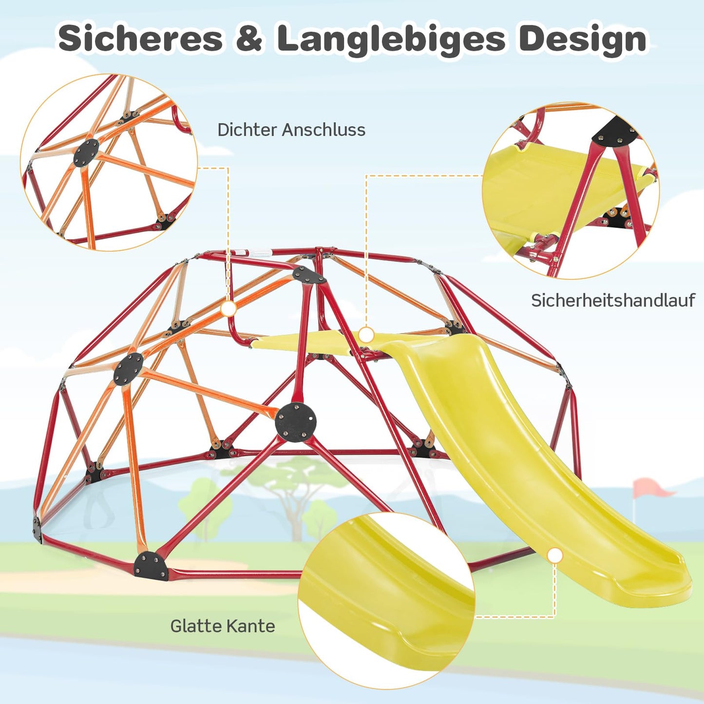 COSTWAY Climbing Dome with Slide, Dome Climbing Frame with Fabric Platform, 180 kg Load Capacity, Outdoor & Indoor Playground for 3-10 Years, Ideal for Gym, Backyard, Garden