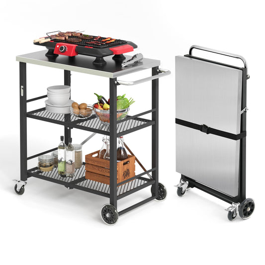 LUE BONA Folding BBQ Trolley, BBQ Table with 2 Shelves, Outdoor Kitchen Side Table on Wheels, Serving Trolley for Garden, Barbecue, Camping, Stainless Steel Table Top