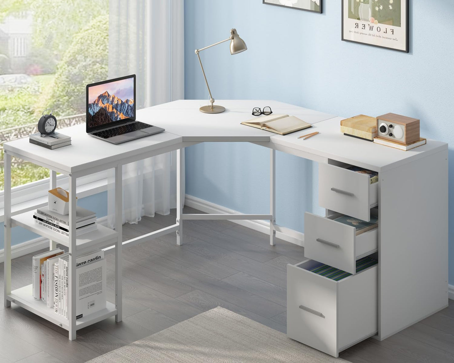 LVB White L Shaped Corner Desk with Drawers, Reversible Modern L Shaped Computer Desk with Storage Cabinets, Large L Shaped Wooden L Shaped Desk Metal L Shape