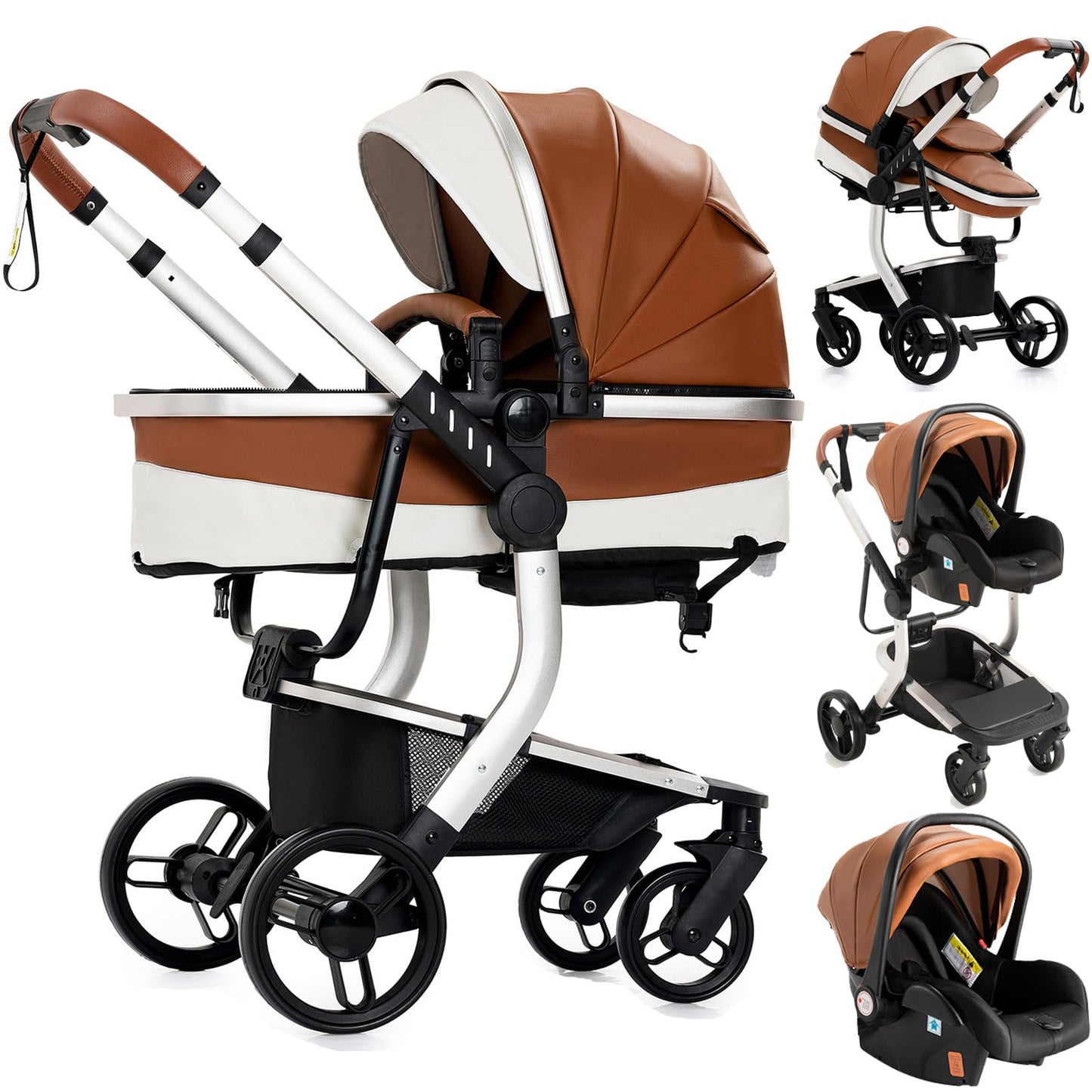 Doraystar 360° Rotation PU Leather Pushchair 3-in-1 Combination Pushchair 3-in-1 with Two Reversible Sliding Modes, Pushchair Complete Set with One-Click Folding Design, Aluminium Alloy Frame (906
