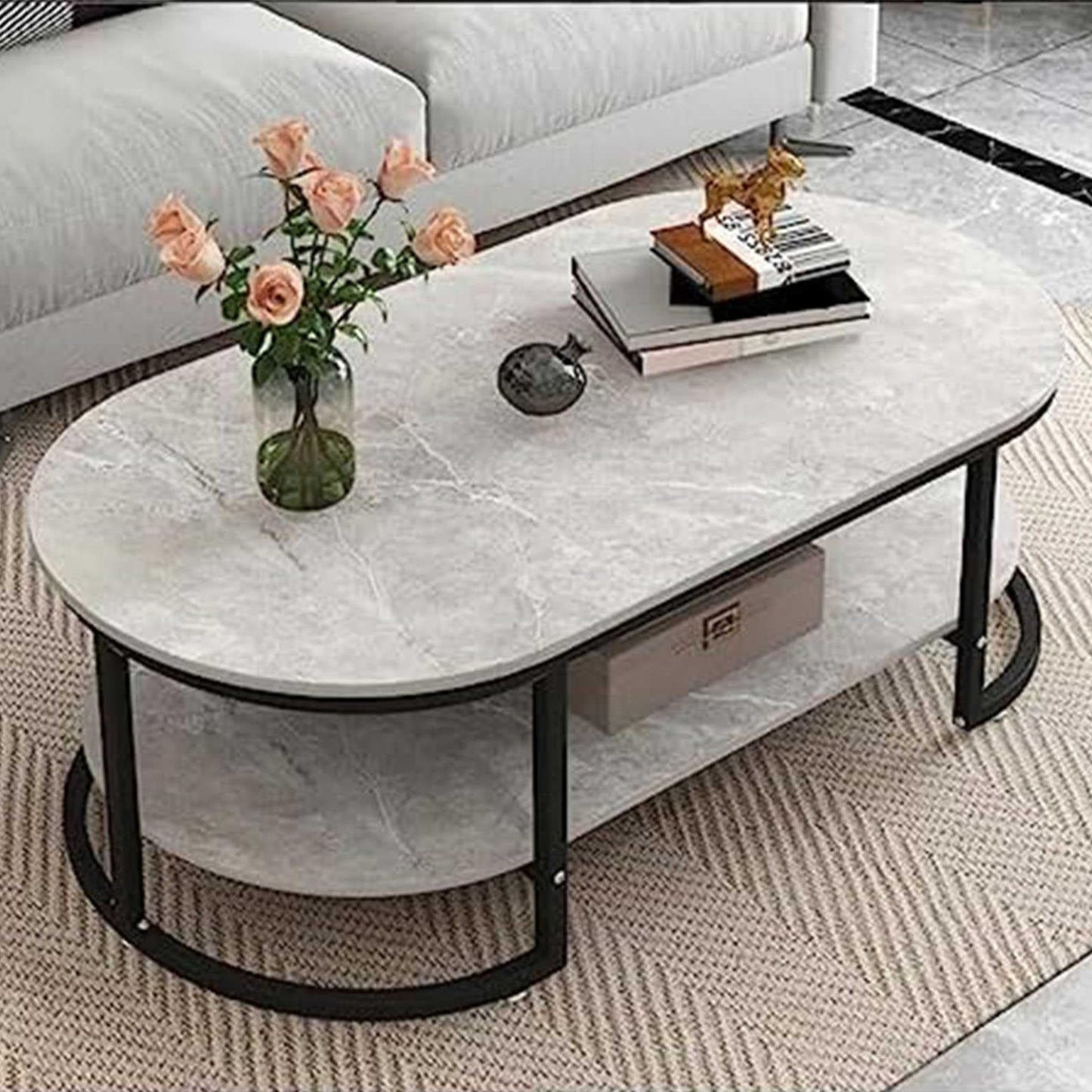 100-120 cm Oval Coffee Table Made of Nordic Marble, Creative Metal Side Table, Fashion Wrought Iron Living Room Table, Home Living Room Furniture, Coffee Table