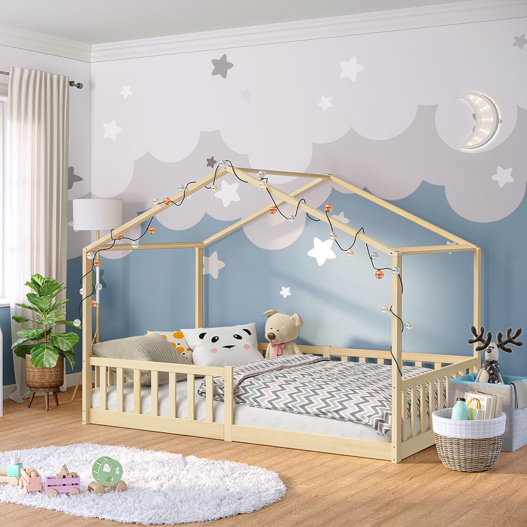 Bellabino Bia Children’s Bed, 90 x 200 cm, Children’s House Bed incl. Fall Protection and Rolled Slatted Frame, Montessori Floor Bed, White, Solid Pine Wood