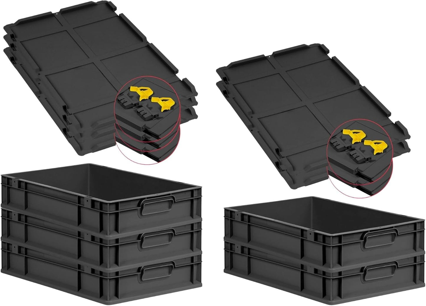 PROREGAL SuperSparSet 3 x Eurobox NextGen Grip with Lid and Yellow Clasps, H x W x D 32 x 40 x 60 cm, 65 Litres, Open Handles, Reinforced Base, Euro Container, Transport Box