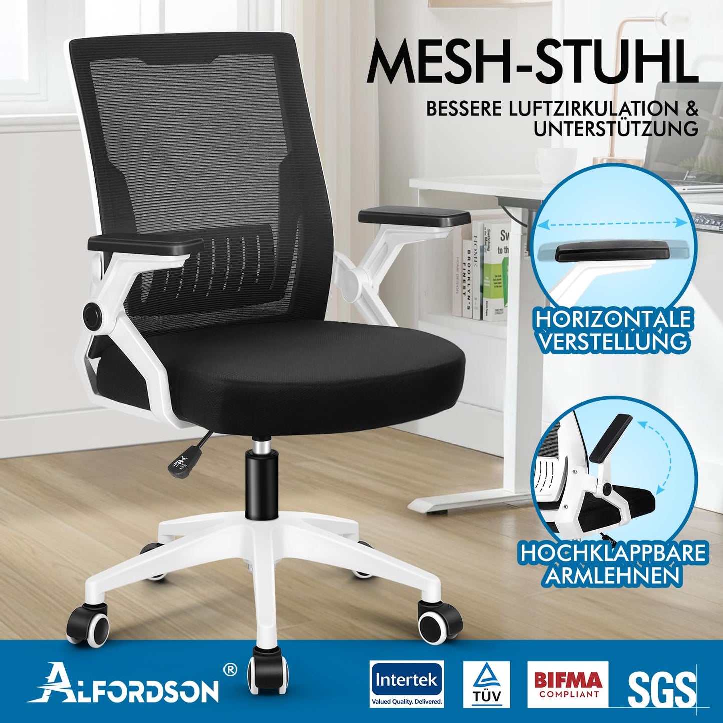ALFORDSON Ergonomic Office Desk Chair, Computer Chair with Dynamic Lumbar Support, Tilting Swivel Chair with Flip Up Armrest, Black