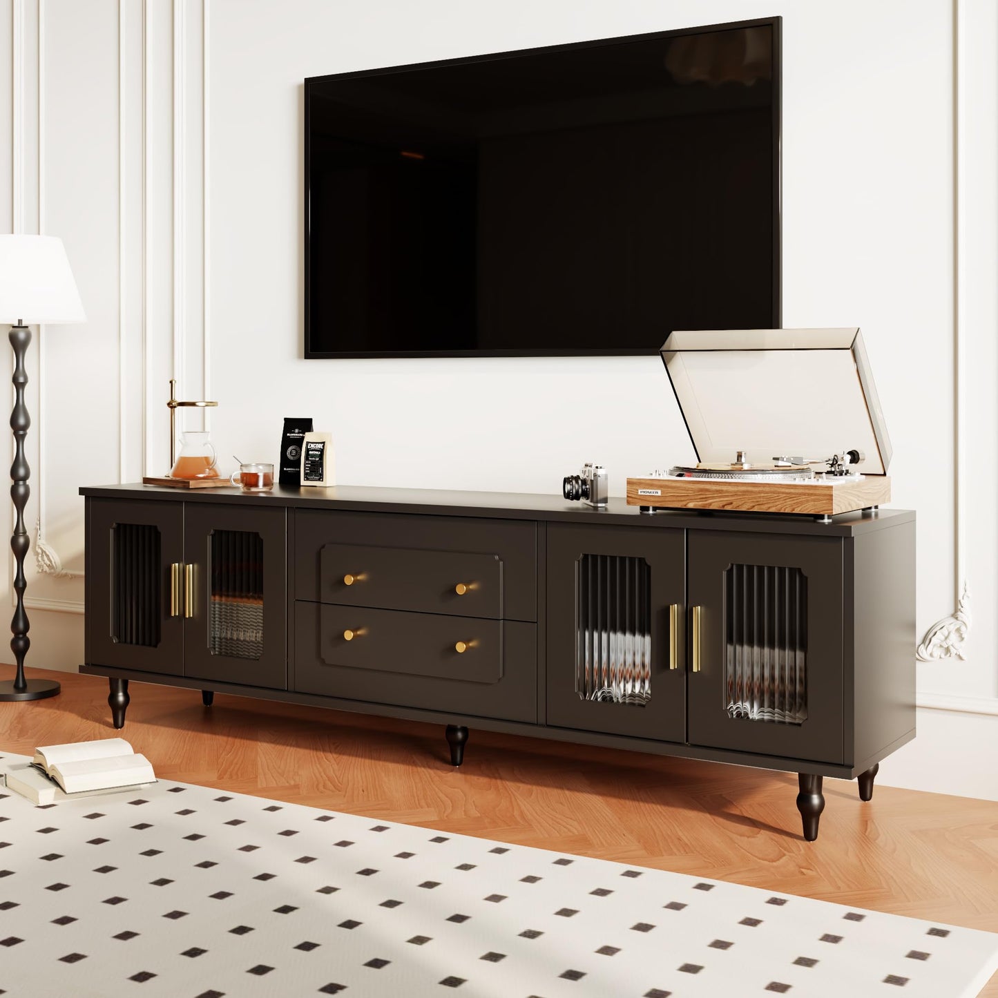 170 cm TV Cabinet with Textured Doors, TV Board with 4 Drawers, TV Cabinet with Oven Compartments, TV Cabinet for Living Room, TV Lowboard, Golden Handles and Feet, White