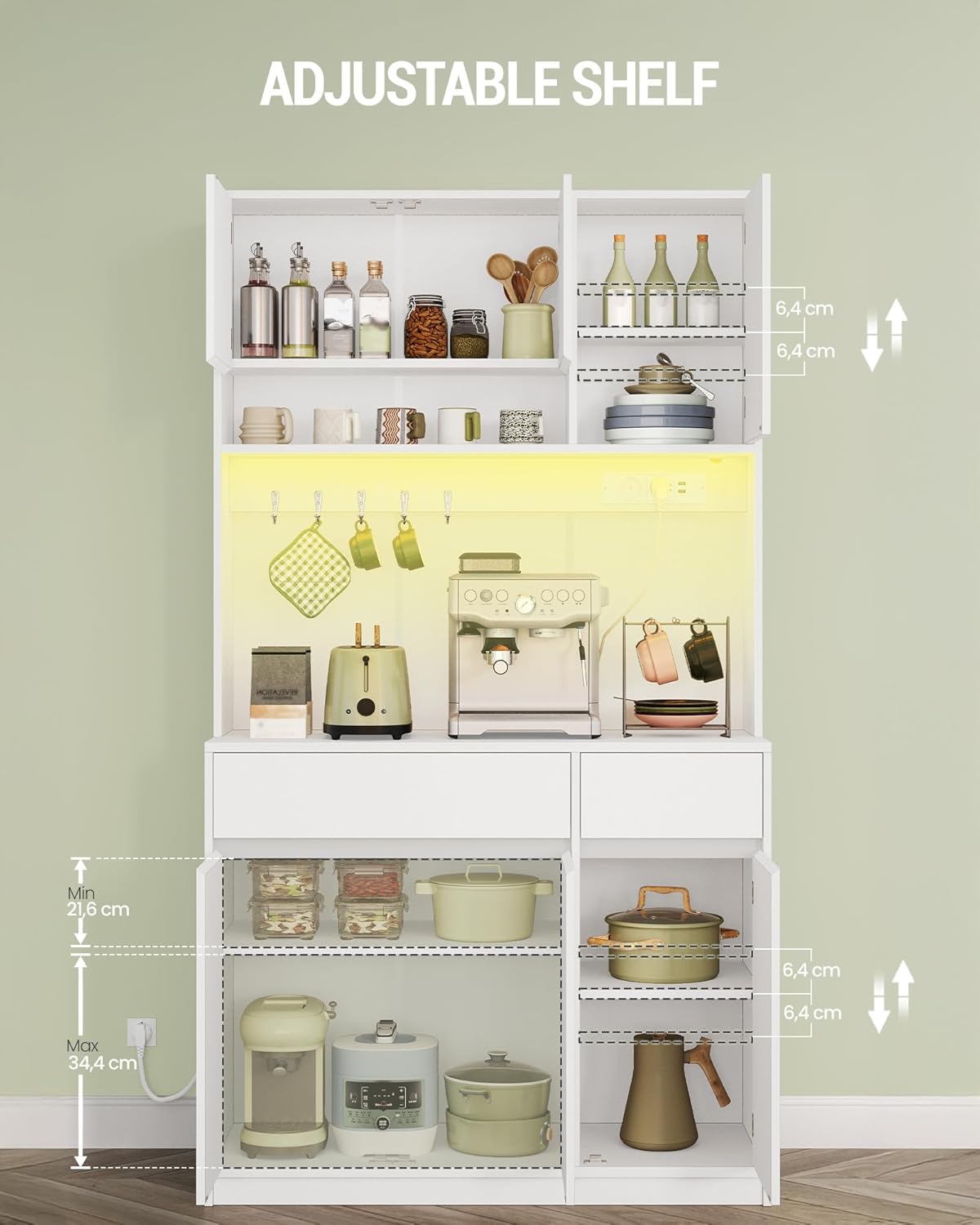 Hzuaneri PT00203XEU Kitchen Cabinet, Buffet Cabinet, Tall Cabinet with Sockets and LED Light Strips, with Worktops and Two Drawers, Adjustable Shelves, Kitchen, 40 x 100 x 180 cm, White