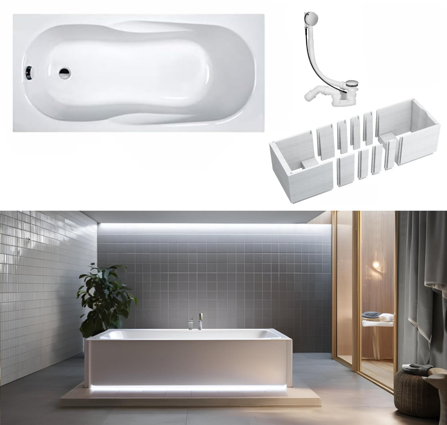 VBChome Bathtub 160 x 70 cm White Acrylic Space for LED Lighting Polystyrene Support Bath Support Siphon Tub Rectangular White Design Modern Drain Fitting in Chrome