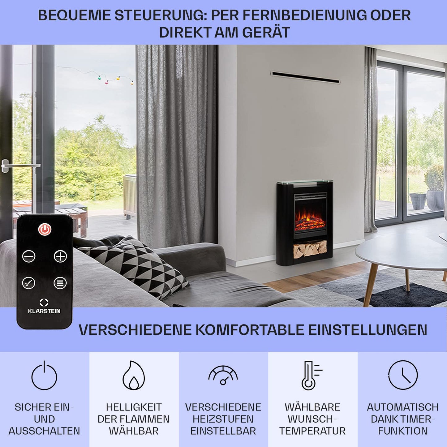 Klarstein Elektrokamin, Elektro Heizungen für Wohnzimmer & Innenräume, Elektrischer Kamin mit LED Flammen, Sparsamer Elektroofen, Heizlüfter mit Timer, Einstellbarer Thermostat, Heizung 1800 W