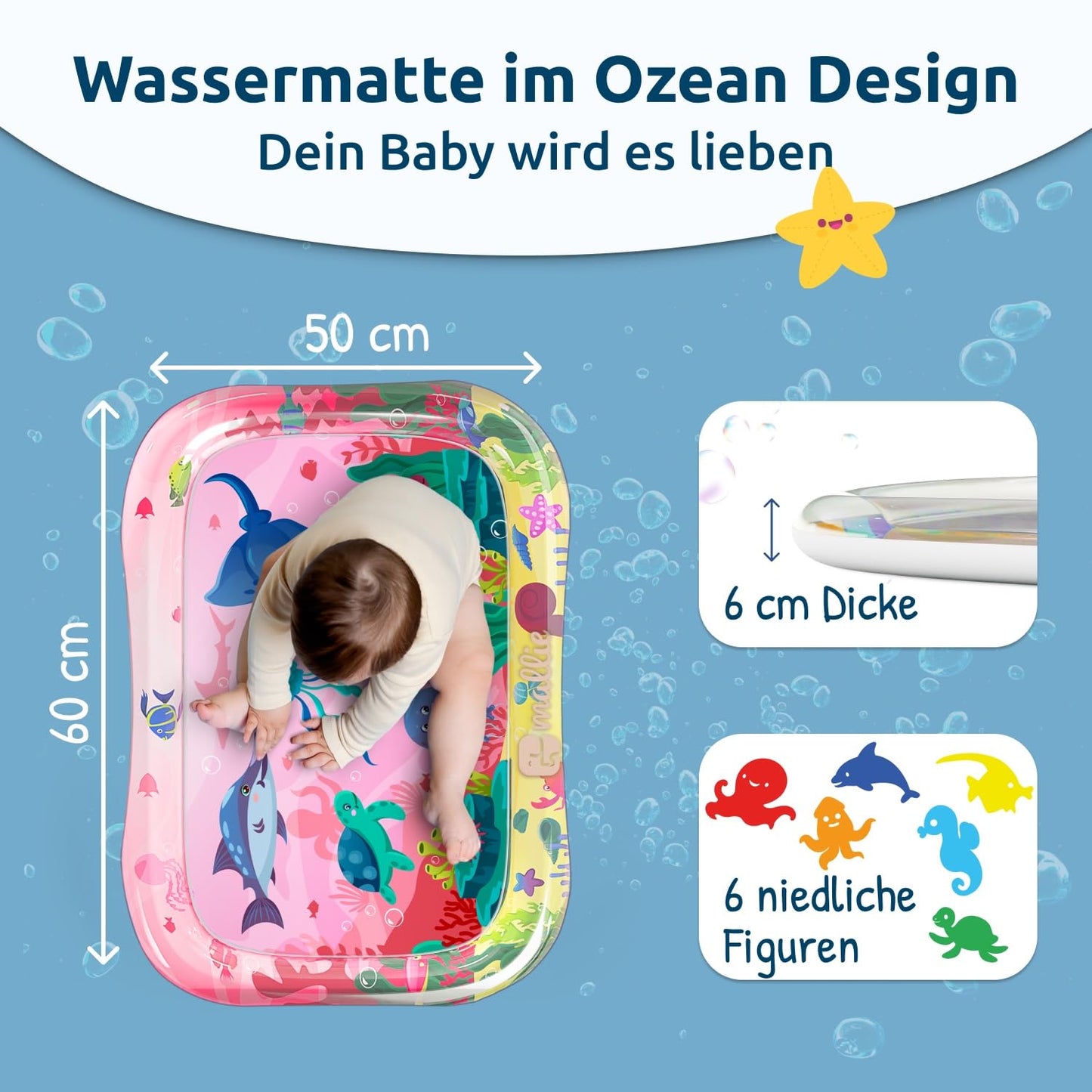 Mallie® Wassermatte Baby 66x50 CM [100% BPA & Schadstoff-Frei] ab 3, 6 und 9 Monate im Ozean Blau Design I Baby Spielzeug, Spielzeug Ab 6 Monate als Wassermatte Baby und Baby Spielzeug 6 Monate