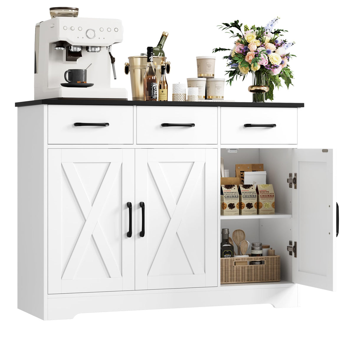 HOCSOK Sideboard, Kitchen Cabinet with 3 Drawers and 3 Doors for Kitchen, Buffet Cabinet with Worktop for Dining Room, Living Room, Wood, White & Brown