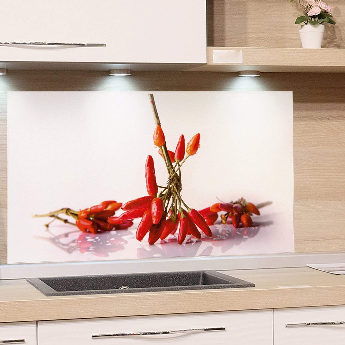 GRAZDesign Kitchen Back Wall Glass Chili Splash Guard Stove Print Behind Glass Picture Motif Spices Back Wall Kitchen Glass Plate with Kitchen Motif 60 x 60 cm
