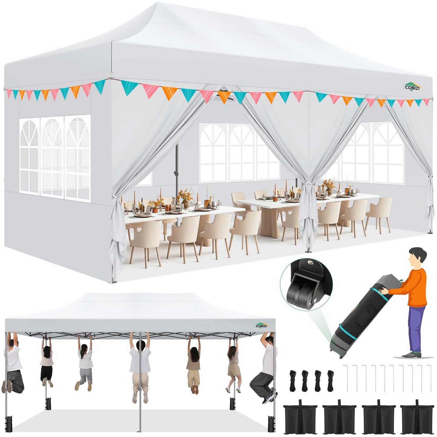 COBIZI Pavillon Faltpavillon 3x3 wasserdicht stabil Winterfest,Outdoor faltbar partyzelt，gartenpavillon mit 4 Seitenteilen und 4 Sandsack und Laufradtasche, Schwarz
