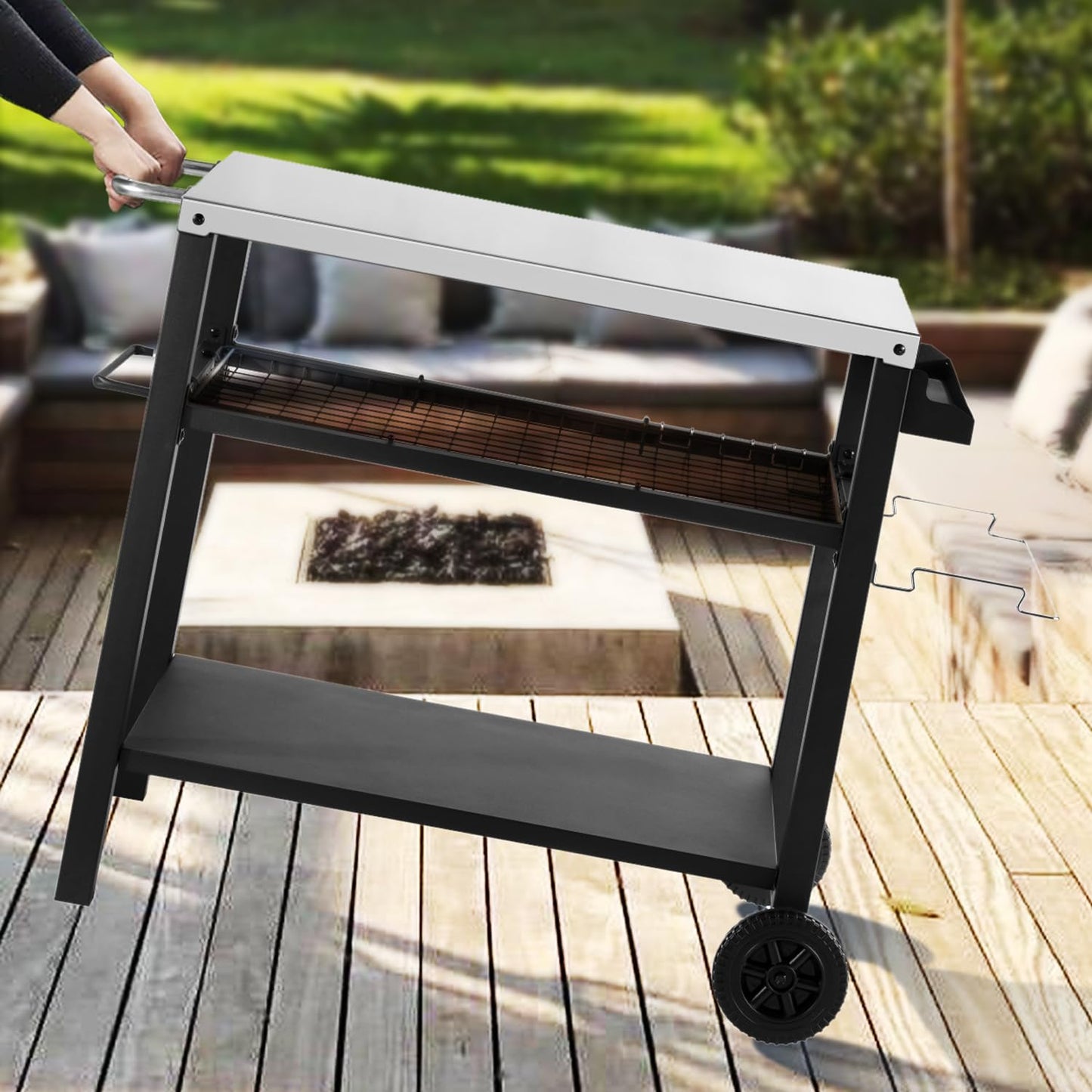 Barbecue Table with Large Work Surface | Grill Side Table, Outdoor Grill Trolley, Grill Table Outdoor, Stainless Steel Table Top, Outdoor Garden Trolley
